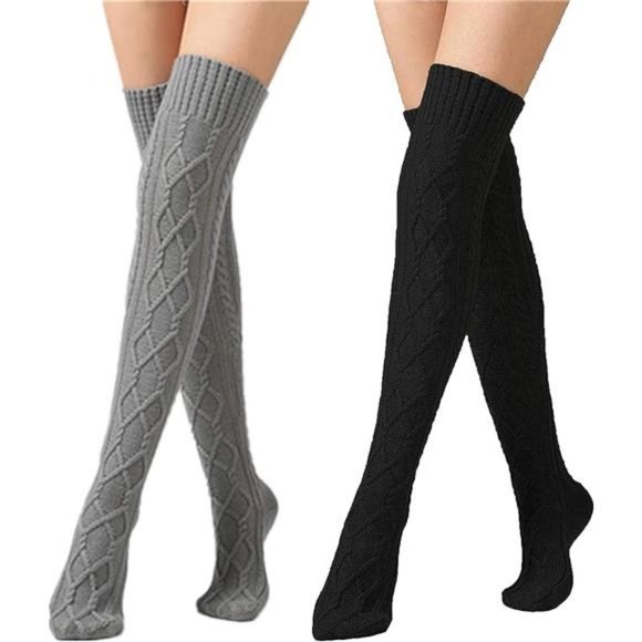 2 Pack Women's Thigh High Boot Socks Long Winter Stockings Over Knee Leg Warmer